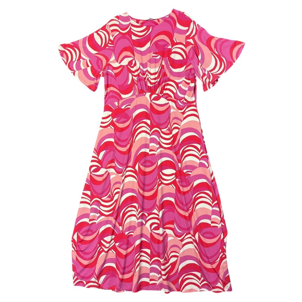 Et Vous Pink Red 70's Psychedelic Swirl Empire Waist Midi Dress Womens Size 18